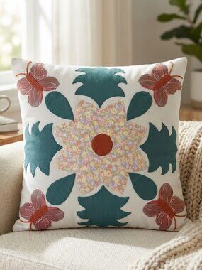 Appliqué Butterfly Pillow with Flower 16"